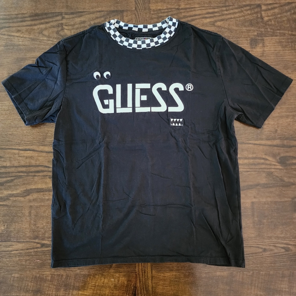 Guess x J Balvin Black Graphic Tee with Checkered Collar